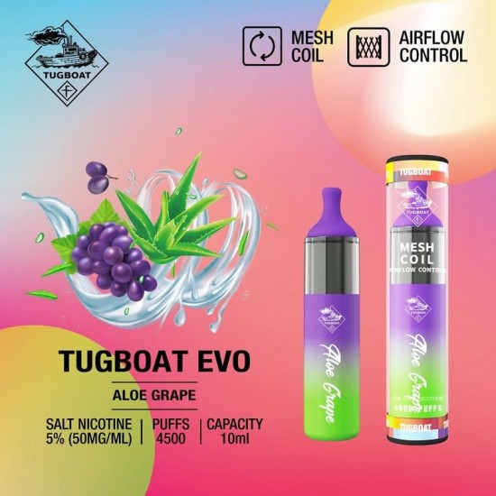 Tugboat Evo 4500 Aloe Grape  en uygun fiyatlar ile ozelbuhar.coda! Tugboat Evo 4500 Aloe Grape özellikleri, fiyatı, incelemesi, yorumları ve taksit seçenekleri için hemen tıklayın!